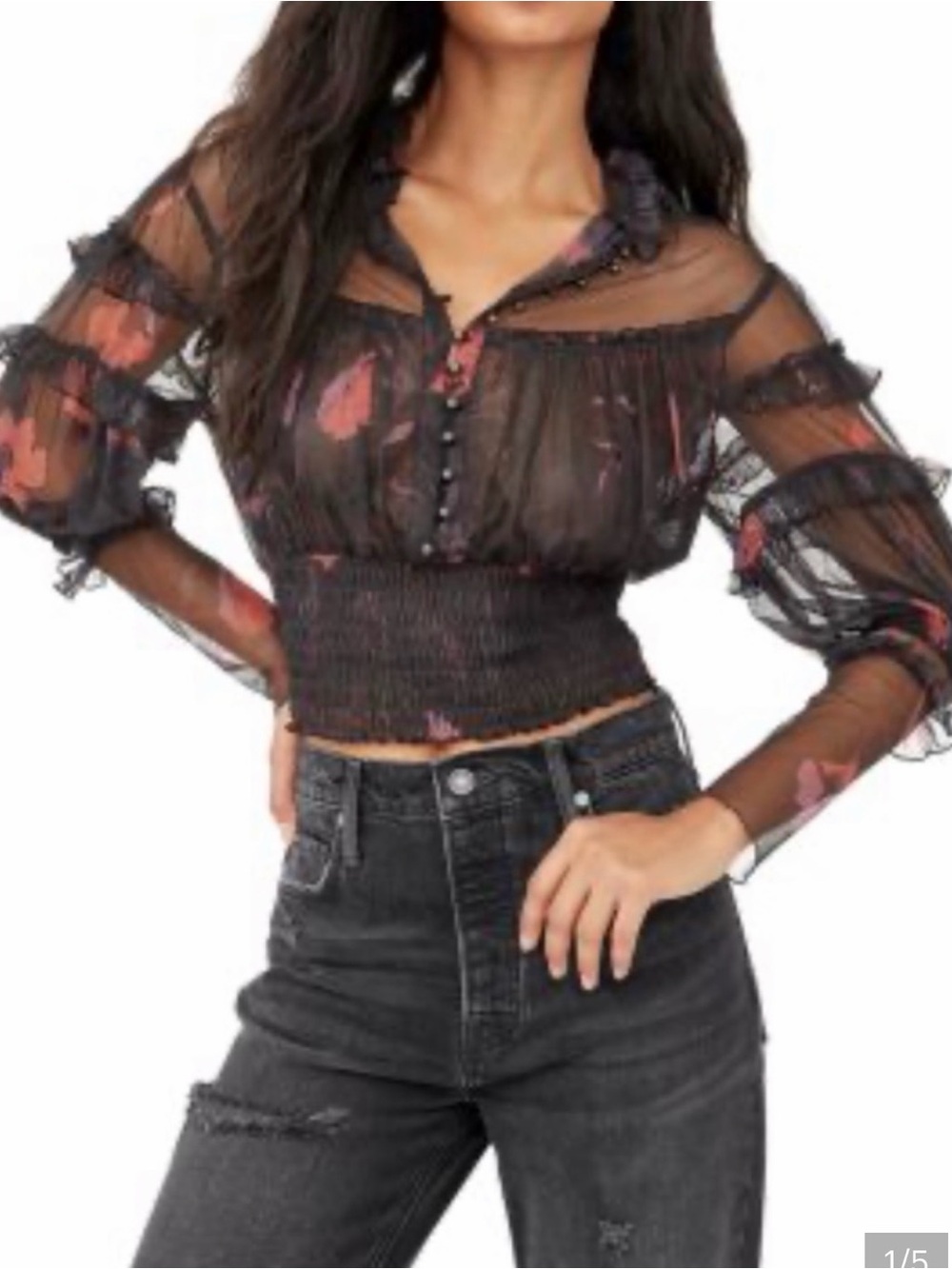 Free People Sheer Smocked Waist Floral Blouse - Black with Pink Accents